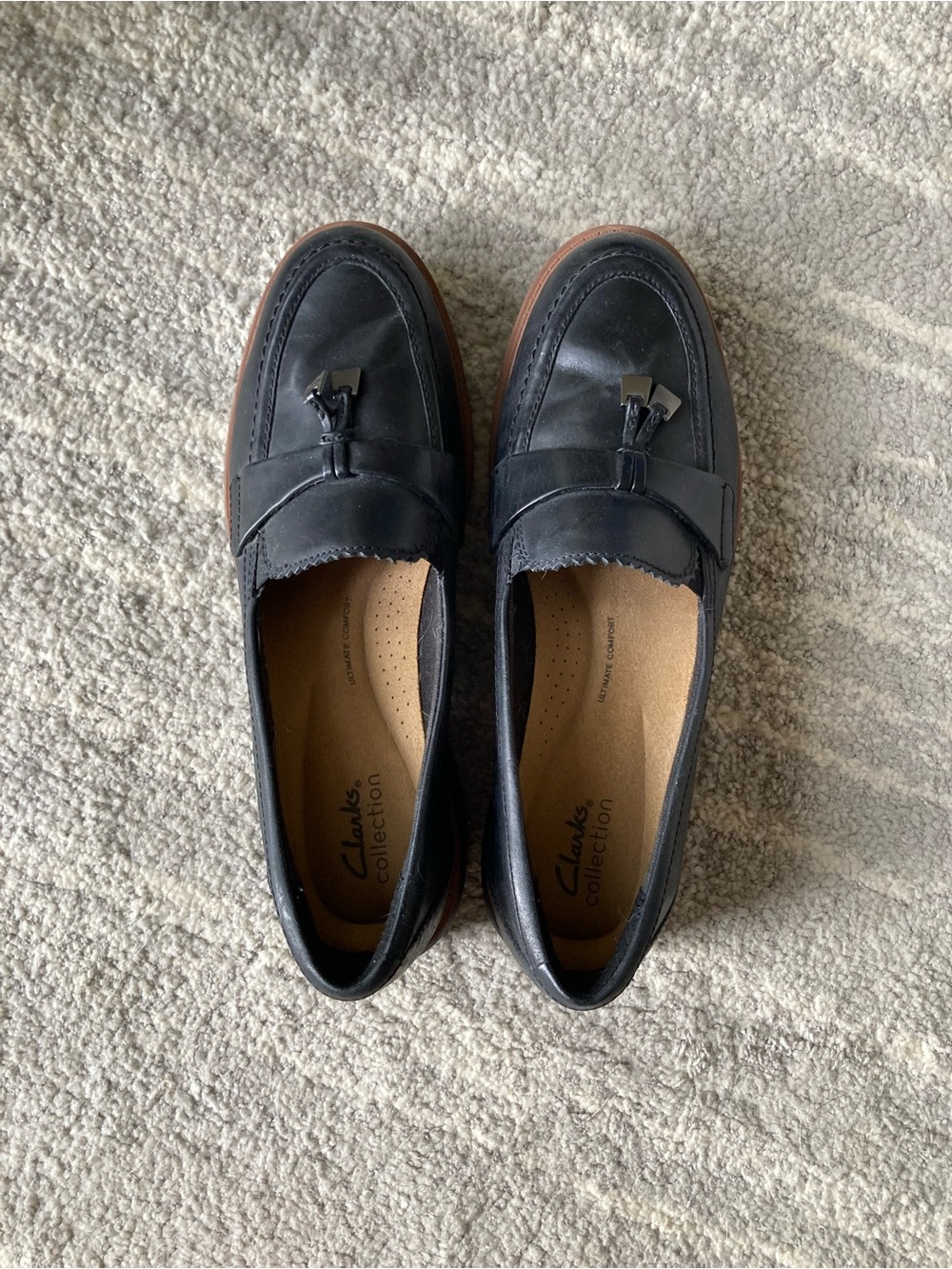 Clarks Black Leather Tassel Loafers with Brown Trim